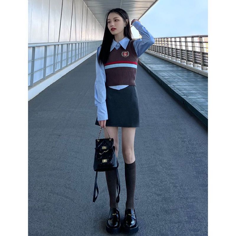 Bộ Áo Thun polo Dệt Kim + Chân Váy Ngắn Lưng Cao Họa Tiết Kẻ Sọc Phong Cách retro Mỹ Cho Nữ