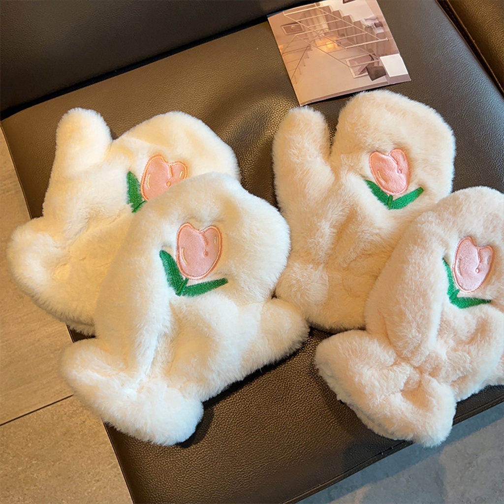 1 Cặp Găng Tay Lông Nhung Dày Dặn Ấm Áp Thêu Hoa tulip Dễ Thương
