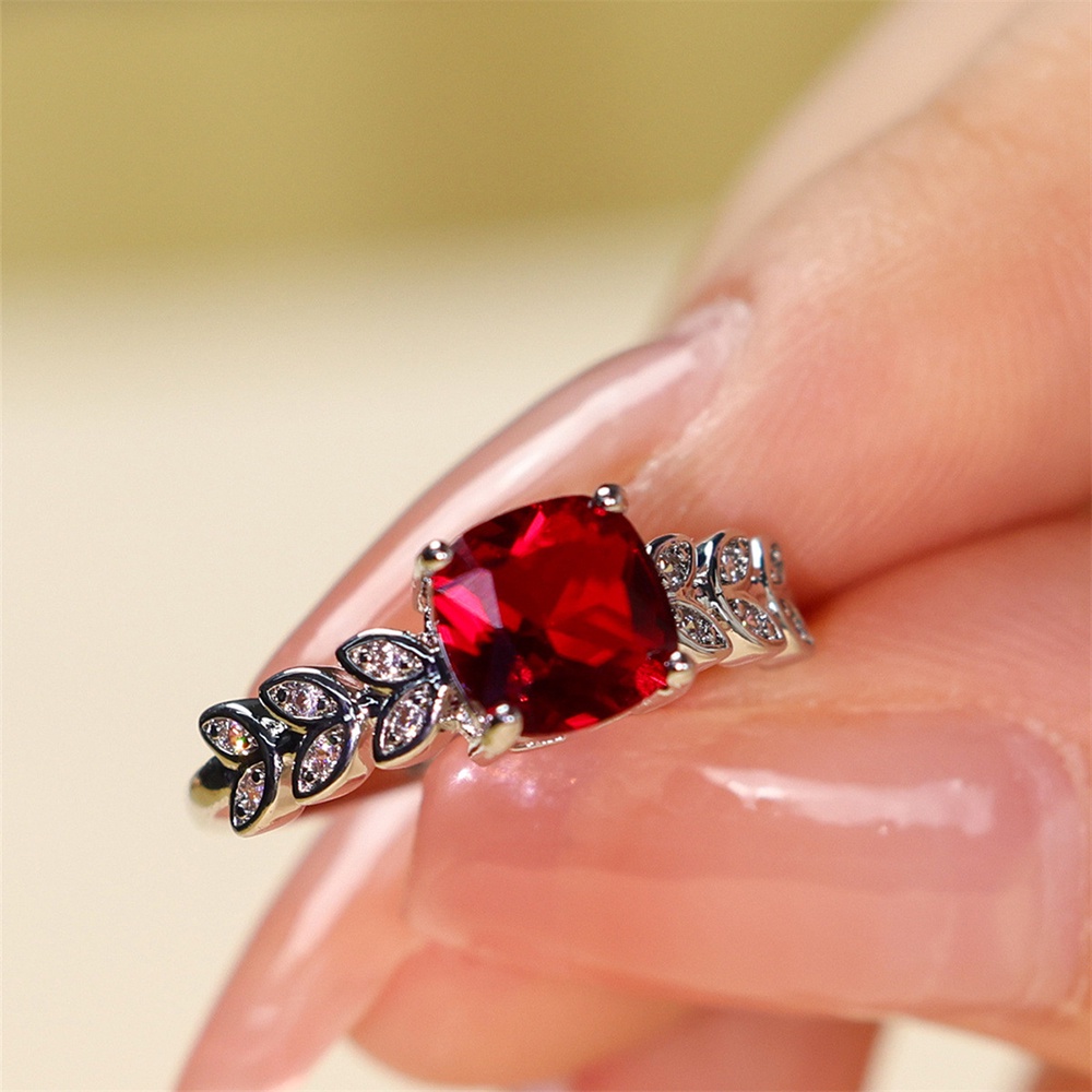 Nhẫn Bạc s925 Đính Đá zircon Hình Lá Kim Cương Màu Đỏ Thời Trang Cho Nữ