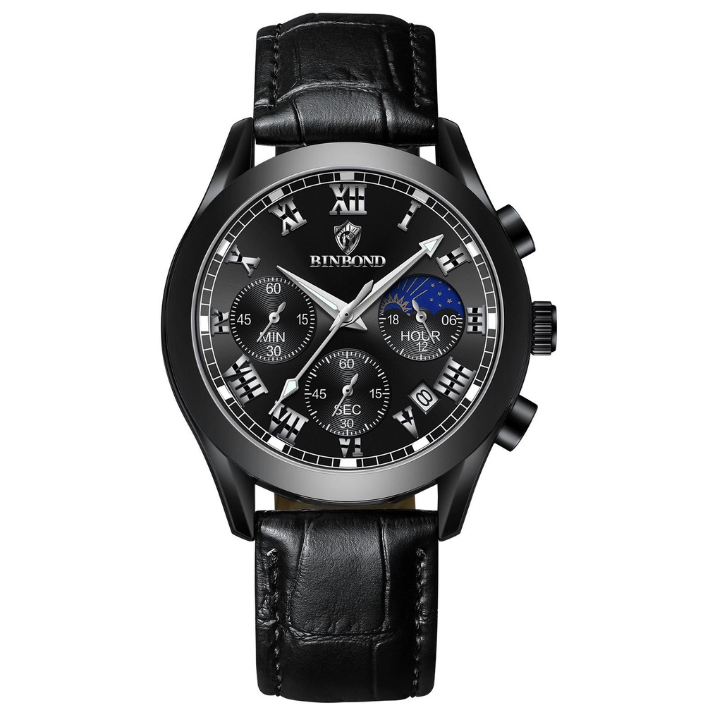 Đồng Hồ Nam Dây Da chạy 6 kim BINBOND I21 Kính Vòm