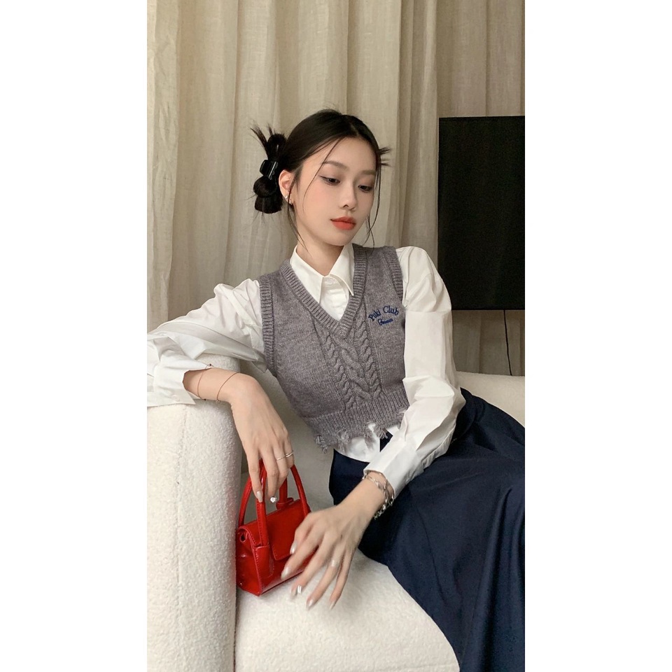 Set Áo Len Không Tay + Áo Sơ Mi Phong Cách Nhật Bản Dễ Thương Cho Nữ