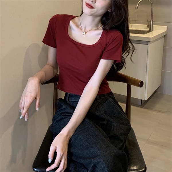 Áo Thun Tay Ngắn Cổ Chữ u Màu Trơn Dáng Ôm Thời Trang Mùa Hè Dành Cho Bạn Nữ