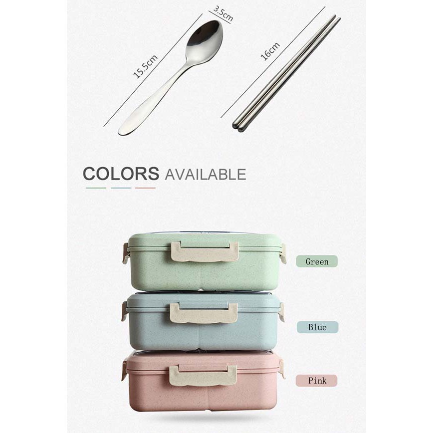 Hộp cơm lúa mạch hình chữ nhật 3 ngăn kèm thìa đũa INOX