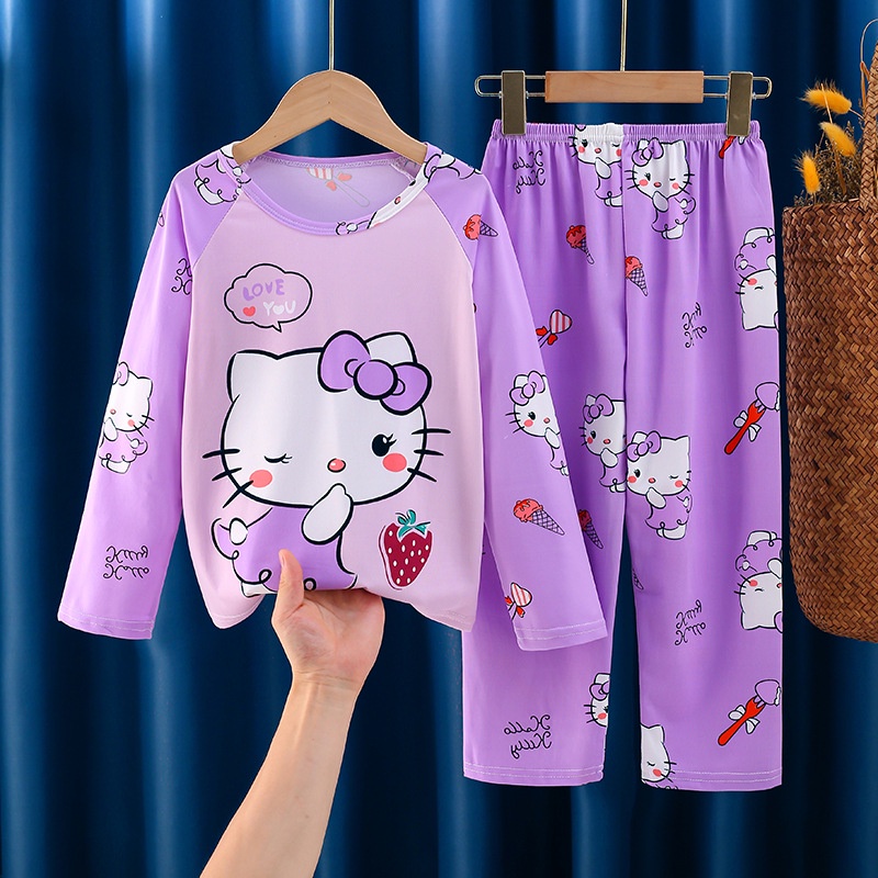 Hello kitty Bộ Đồ Ngủ 2 Món Gồm Áo Tay Dài + Quần Dài In Họa Tiết Hoạt Hình Cho Bé Trai / Gái