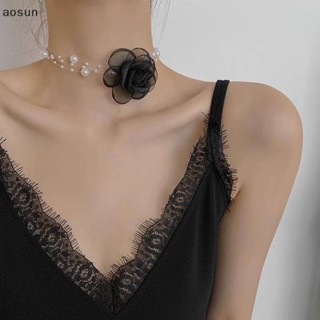 Aosun Vòng Cổ choker Hoa Trà Đen Trắng Đính Ngọc Trai Lãng Mạn Cho Nữ en