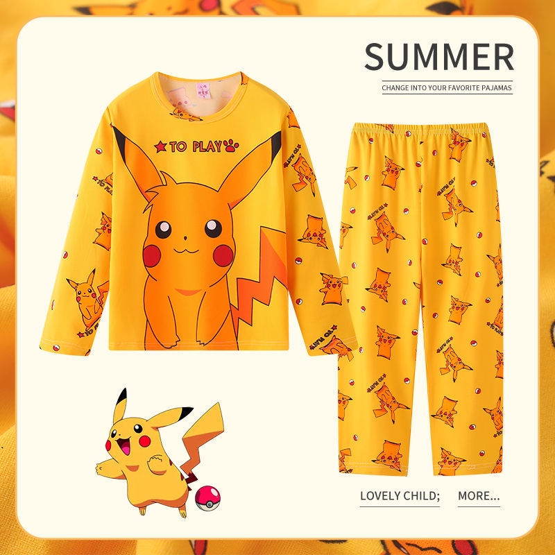 Hoạt Hình Bộ Đồ Ngủ 2 Món Gồm Áo Tay Dài + Quần Dài In Hình pikachu Cho Bé Trai