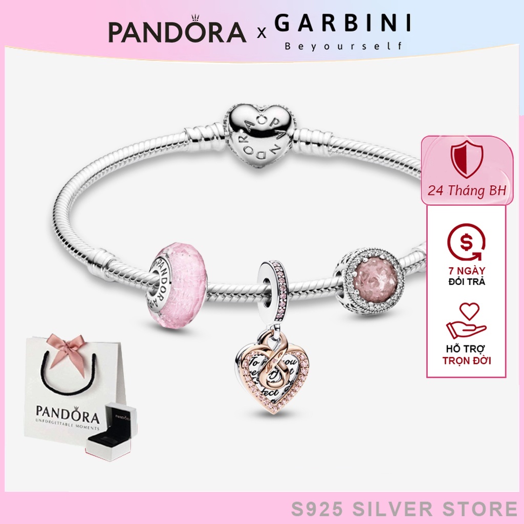 Vòng tay pandora bạc mix charm fullbox bạc S925, lắc tay bạc pandora kèm charm chủ đề tình yêu màu hồng - Garbini