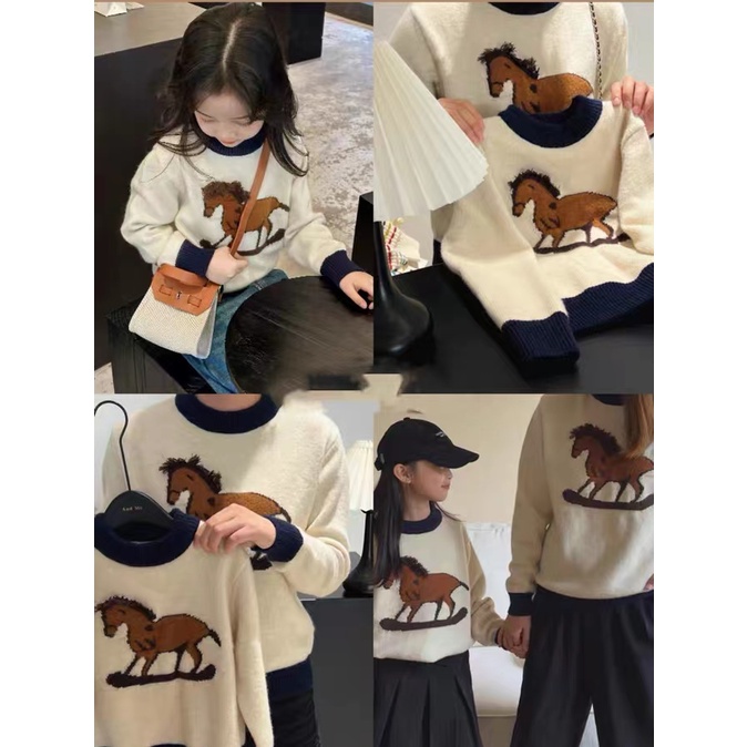 Áo Sweater Dệt Kim Dày Dặn In Hình Ngựa pony Dễ Thương Phong Cách Hàn Quốc Thời Trang Mùa Đông Cho Mẹ Và Bé
