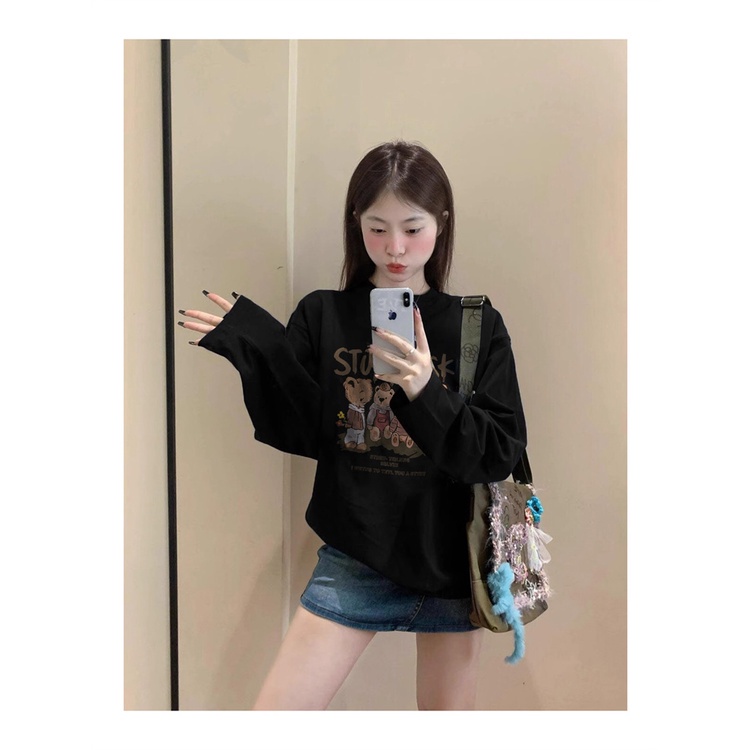 NRVP Mới Áo Thun 100% cotton Tay Dài Dáng Rộng Có In Hình Phong Cách Hàn Quốc Cho Nữ