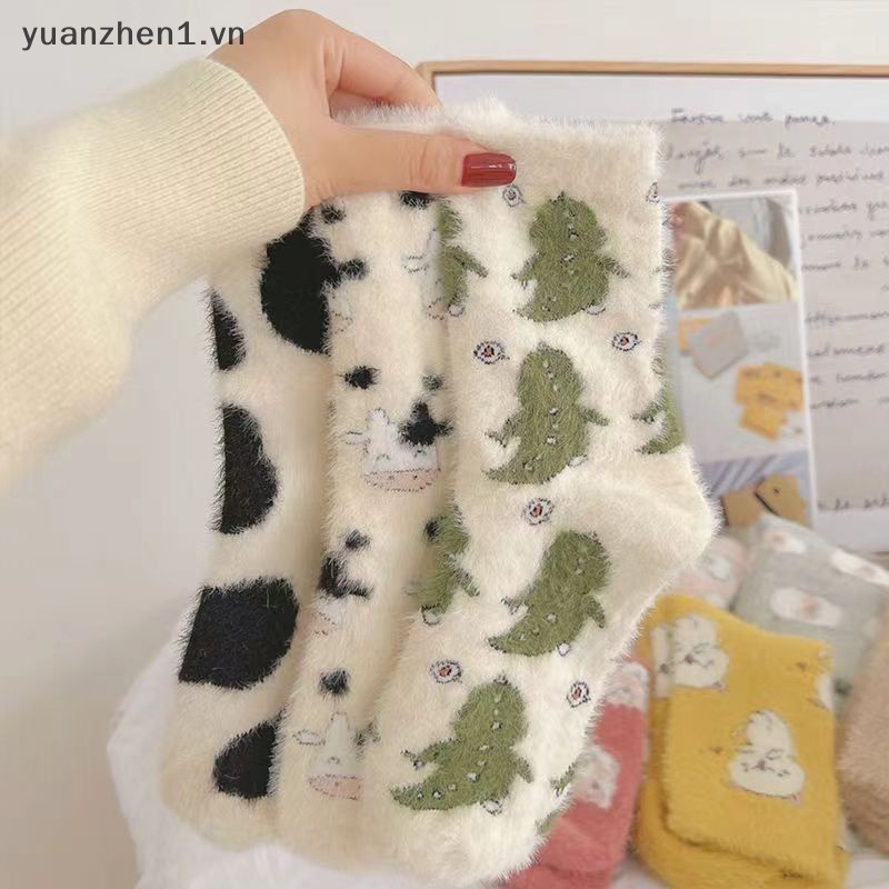 Zhen Vớ Nhung San Hô Giữ Ấm Mùa Đông In Họa Tiết Bò Sữa Vui Nhộn sox vn