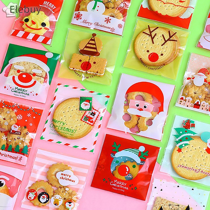 Set 100 Túi Nhựa Đựng Bánh Kẹo Họa Tiết Giáng Sinh