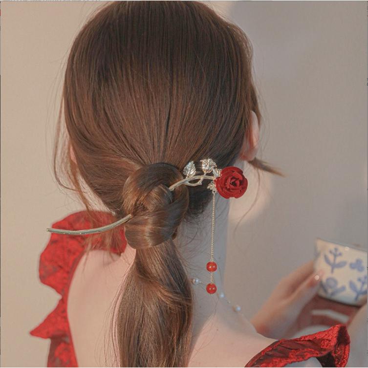 Trâm Cài Tóc Đính Hoa Hồng Đỏ Tua Rua Phong Cách Trung Hoa Thời Trang Cho Nữ CHLINS