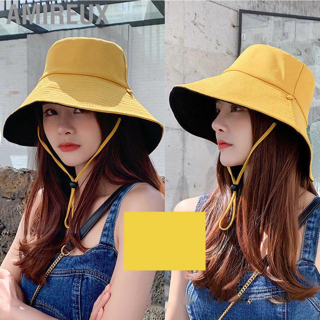 Amireux Summer Sun Hat Polyester Fishing Hiking with Wide Brim Windproof Rope for Outdoor Activities