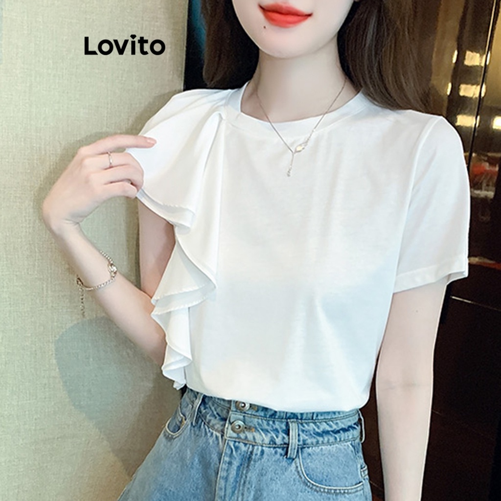 Lovito Áo thun xếp nếp trơn thanh lịch cho nữ LNE24058 (Trắng)