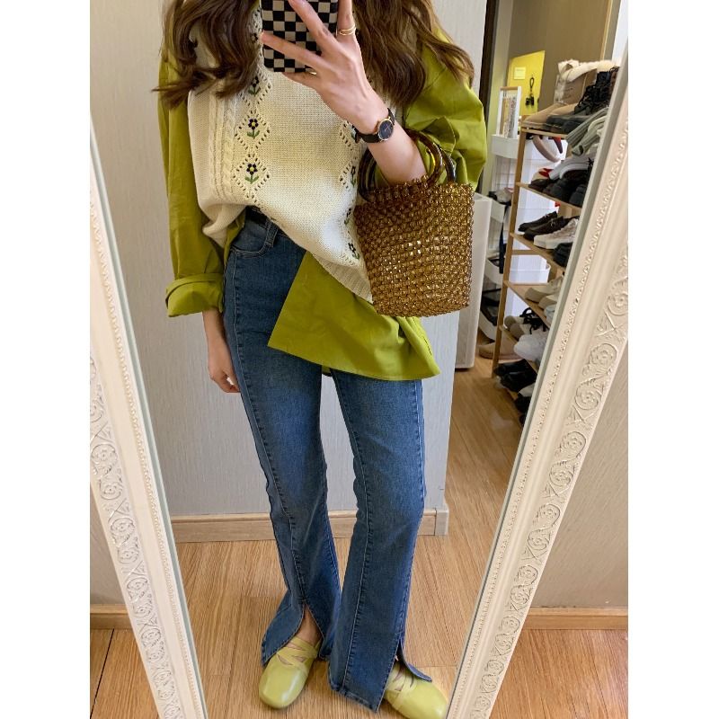 Set Áo Sơ Mi Tay Dài + Áo Len Không Tay Phong Cách Hàn Quốc Thời Trang Xuân Thu Hàng Mới Dành Cho Bạn Nữ