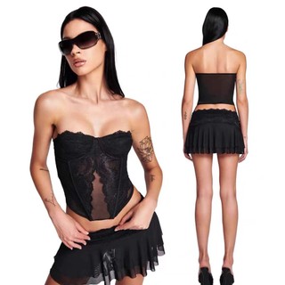 Iamgia Sexy Lace Fishbone Semi-Transparent Tube Top Short Skirt Pure Desire Style Outfit Top Wrapped Chest Mini Skirt