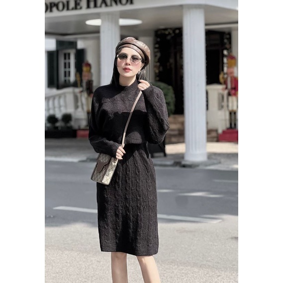 Sét đầm bầu SVL785 đầm len thừng sát nách kèm áo len croptop dài tay Tira Mama