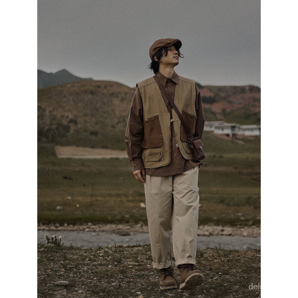Áo Khoác Vest Không Tay Dáng Rộng Phối Túi Lớn Phong Cách retro Nhật Bản Cho Nam Giới