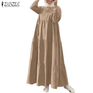 Zanzea Nữ Hồi Giáo Hàng Ngày Chín Phần Tư Tay Còng Nút Trước Co Giãn Nhiều Lớp Chia Ruffle Đầm