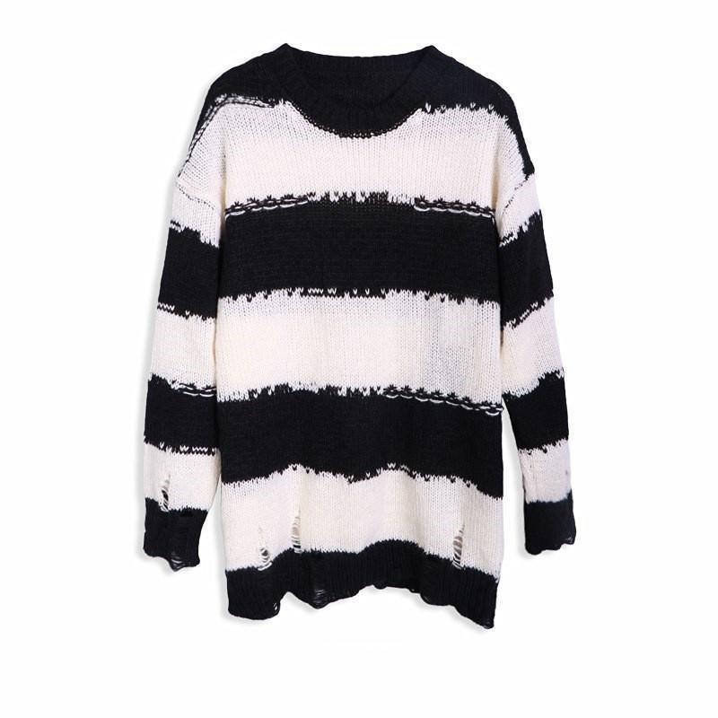 Đen Áo sweater Dáng Rộng Họa Tiết Kẻ Sọc Trắng Đen Thời Trang Mùa Thu Cho Nữ