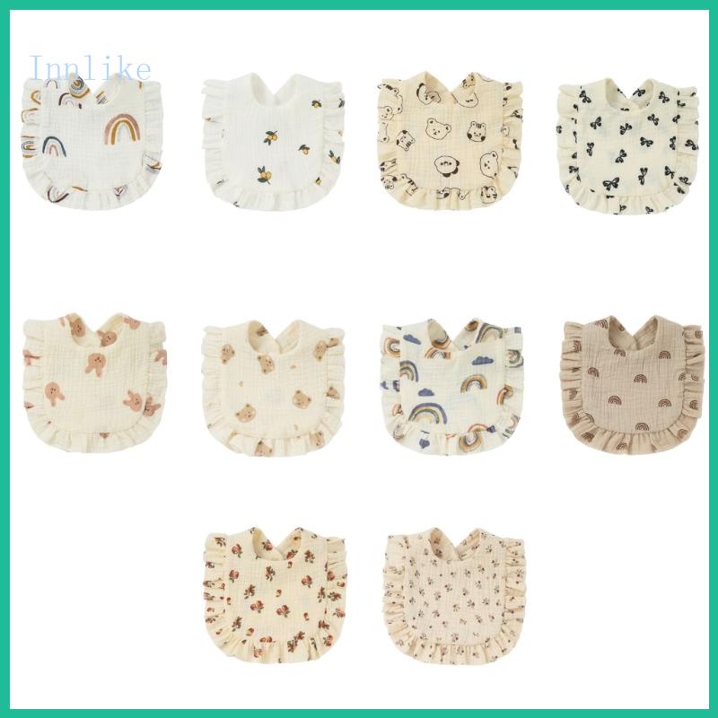 Inn Khăn Yếm Cổ Bằng cotton Viền Bèo Cho Bé Sơ Sinh