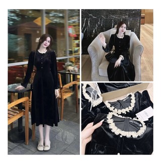 DAM034- VÁY NHUNG VINTAGE PHỐI CỔ REN ĐAI EO CÚC NGỌ