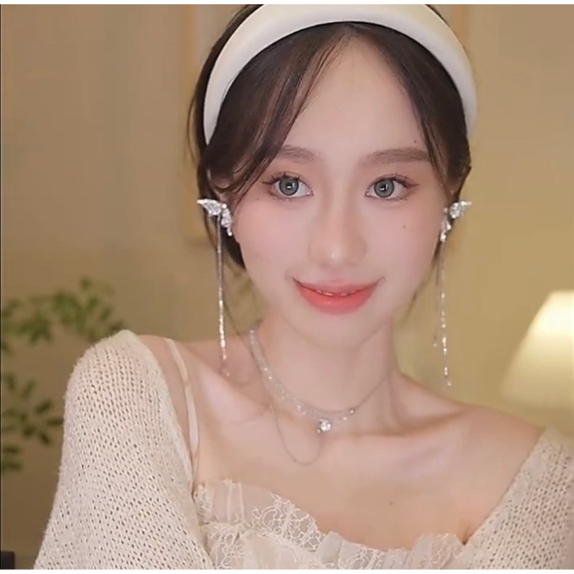 Dễ Thương Bông Tai Dáng Dài Hình Bướm Phối Tua Rua Xinh Xắn Thời Trang Cho Nữ