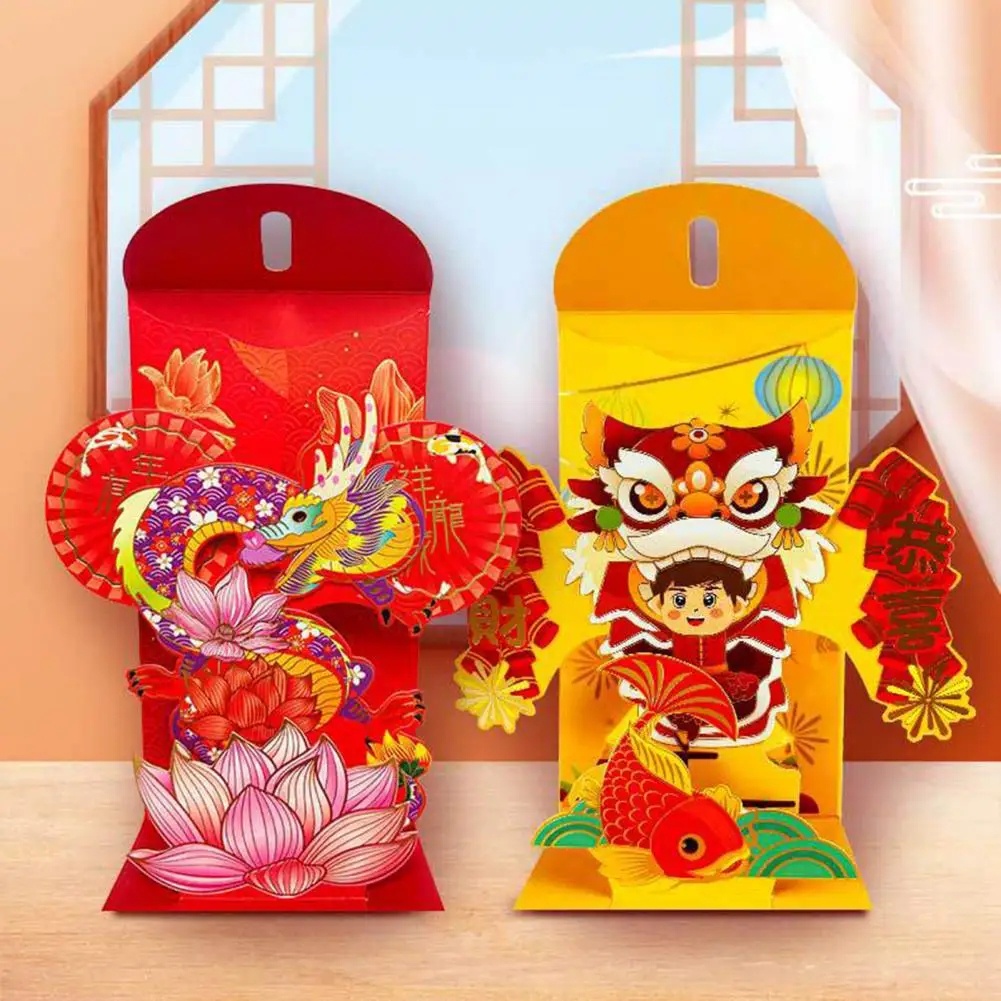 Set 1 / 6 Bao Lì Xì Tông Đỏ May Mắn 2024 Họa Tiết Rồng Hoạt Hình 3d Phong Cách Trung Hoa