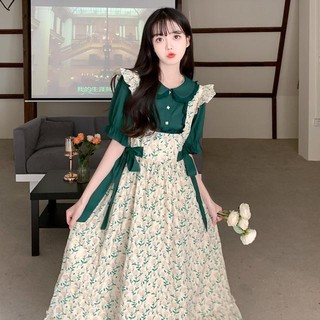 2024Đầm Giả Hai Lớp Cổ Búp Bê In Họa Tiết Hoa Phong Cách Pháp Cổ Điển Thời Trang Cho Nữ Plus Size
