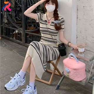 Đầm Dài Ôm Dáng Tay Ngắn Cổ Polo In Họa Tiết Sọc Ngang Phong Cách Hàn Quốc Cổ Điển Thời Trang Cho Nữ