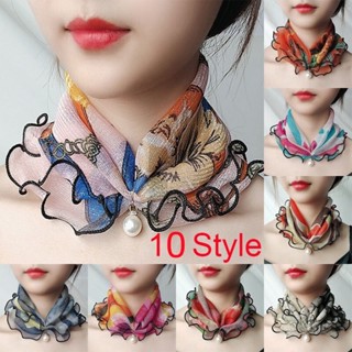 Khăn choàng cổ vải lụa viền bèo phối đính ngọc trai giả thời trang cho nữ đa năng 10 kiểu tùy chọn-MERCA