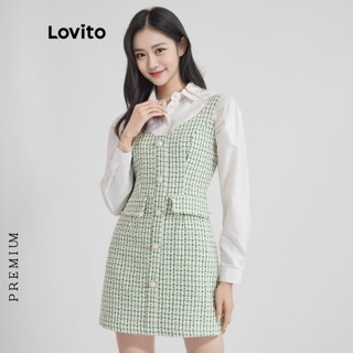(Lovito Premium) Nút kẻ sọc thanh lịch Phía trước không tay Váy phụ nữ L37ED063 (Xanh lá cây)