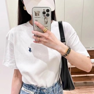 Áo thun cổ tròn chất cotton thêu hình ngựa, áo phông nữ cổ tròn
