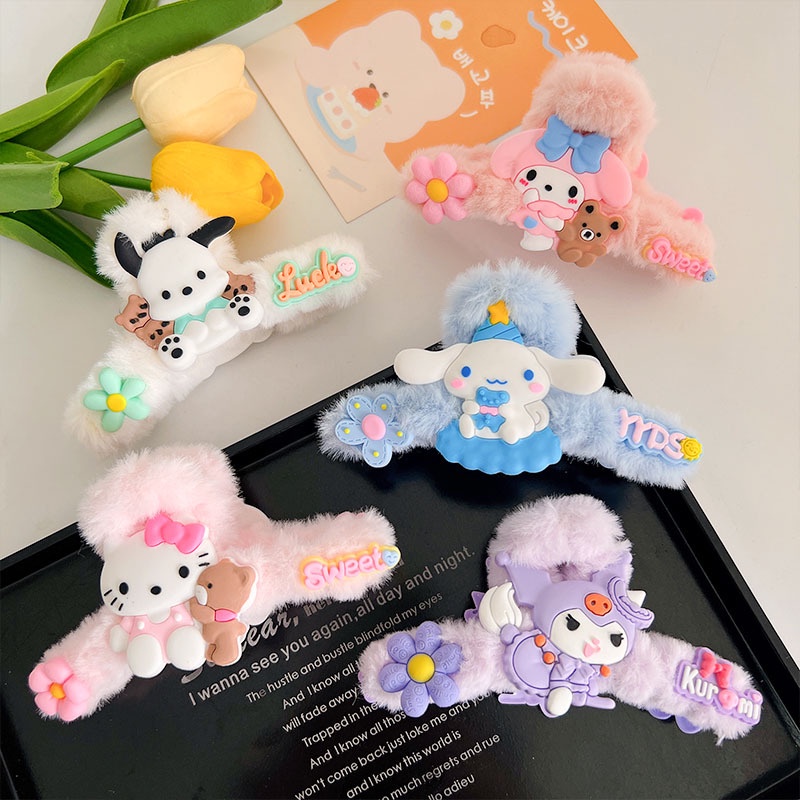 Kẹp Tóc Hình sanrio Phủ Lông Phong Cách Hàn Quốc Dễ Thương Cho Nữ