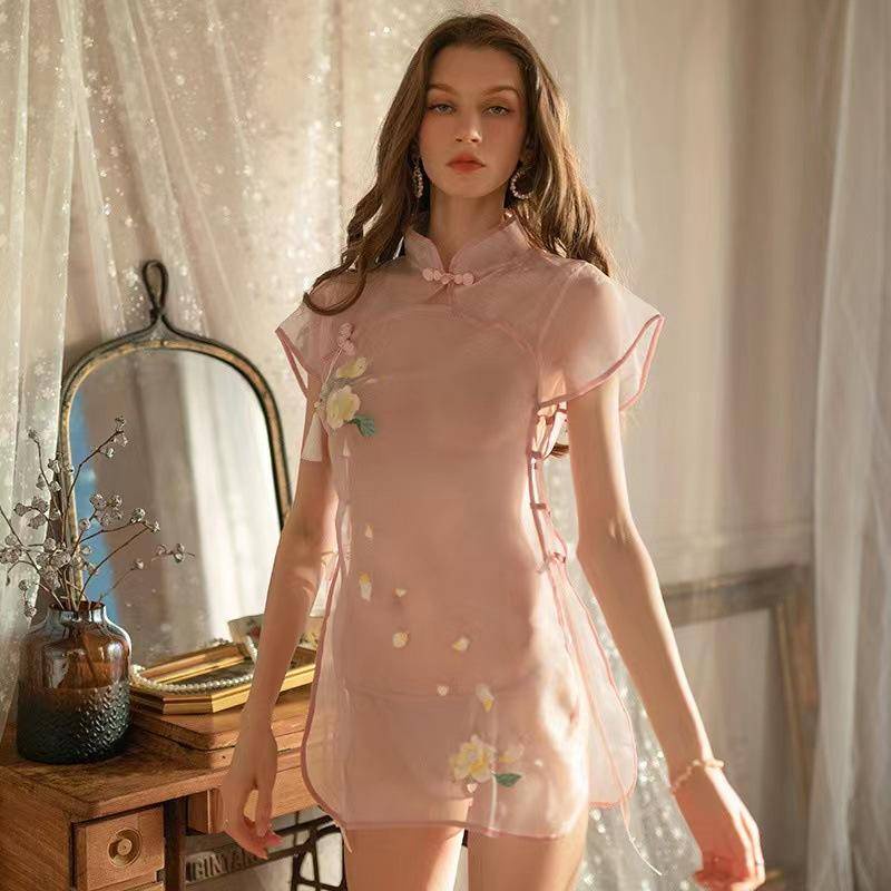 Preppy Đầm Ngủ Sườn Xám Lụa Đen Xuyên Thấu Thêu Ren Gợi Cảm Phong Cách Trung Hoa