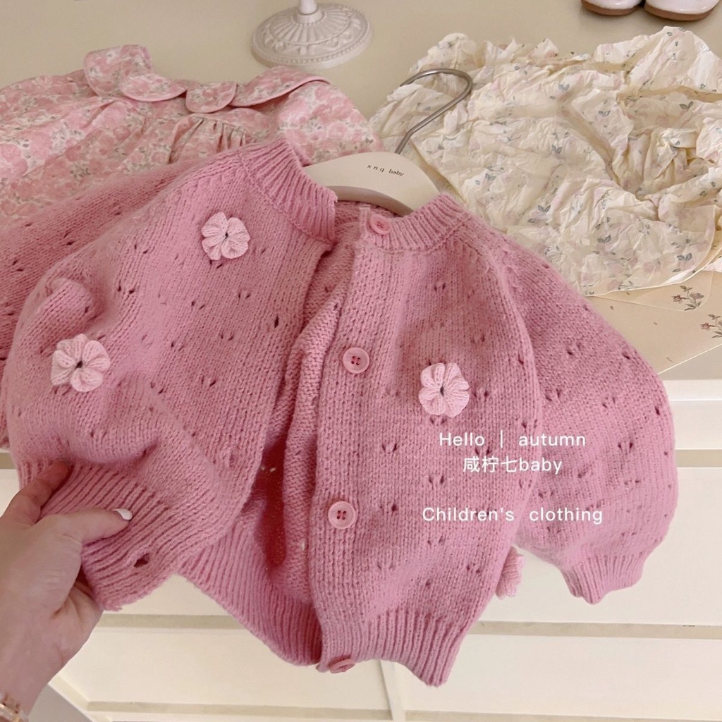 Set Váy Thu Đông, Váy Dệt Kim In Hoa Cổ Búp Bê + Áo Khoác Cardigan Phong Cách Hàn Quốc Thời TrangThu Đông Dành Cho Bé