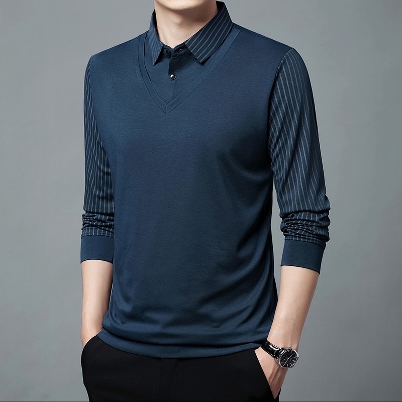 Áo polo Giả Hai Lớp Phong Cách Hàn Quốc Thời Trang Xuân Thu Cho Nam Trung Niên