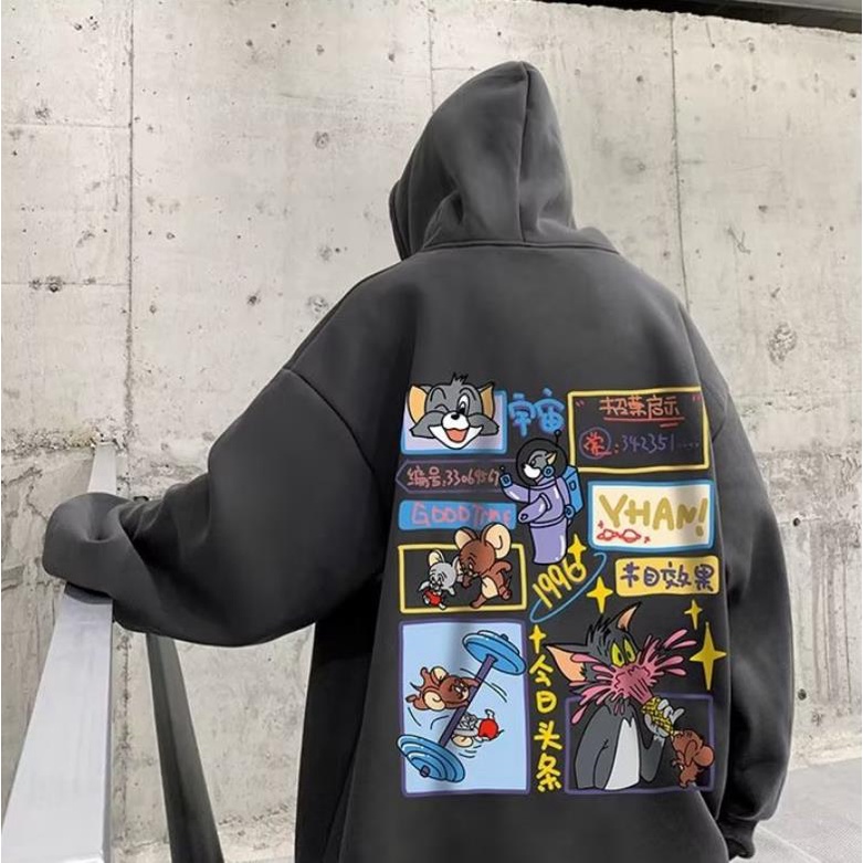 M-5XLáo khoác nam hoodie cotton Nhung Dày Tay Dài In Họa Tiết Hoạt Hình Mèo Và Chuột Thời Trang Cho Cặp Đôi