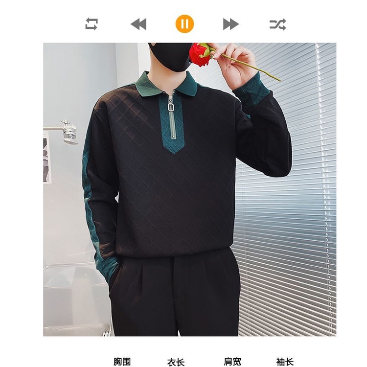 Áo Thun polo Tay Dài Có Khóa Kéo Màu Sắc Tương Phản Thời Trang Thu Đông Cho Nam Giới