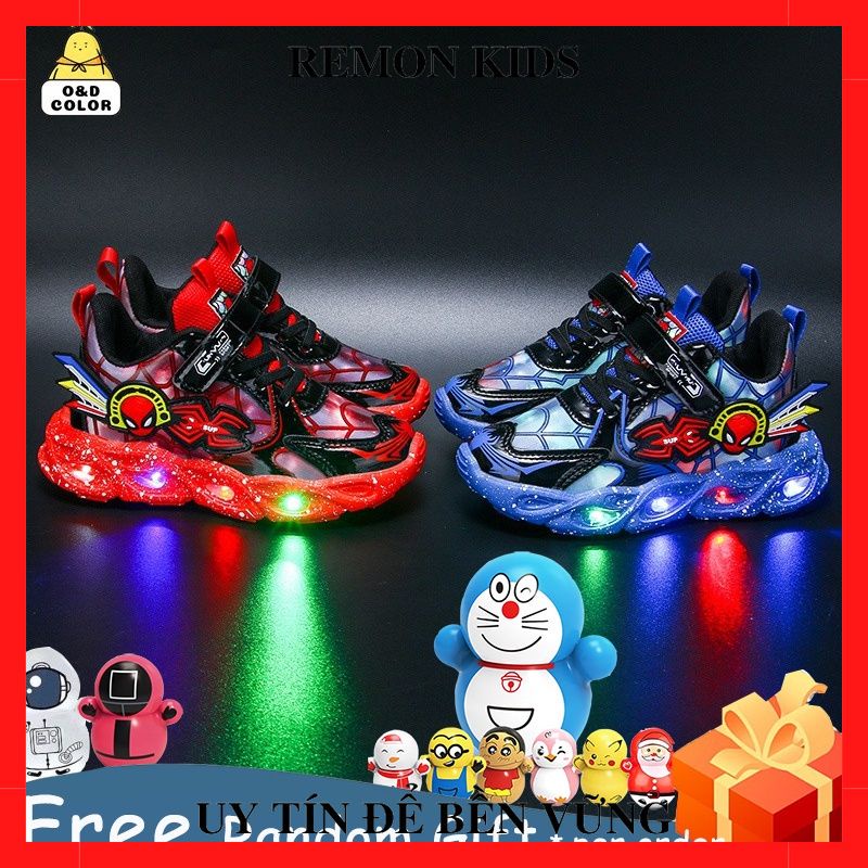 Giày Thể Thao Đế Mềm Thoáng Khí Có Đèn LED Hình Người Nhện Cho Bé Trai Giầy thể thao siêu nhân spider man cá tính