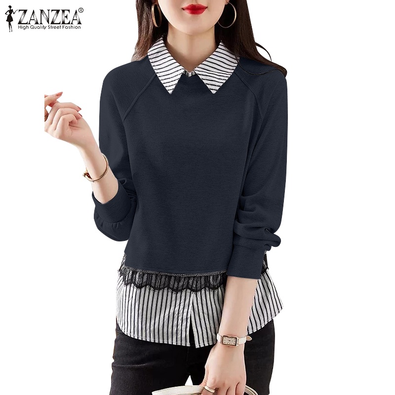 Zanzea Áo Thun Nữ Giả Hai Lớp Phối Sọc Ngang Thời Trang Hàn
