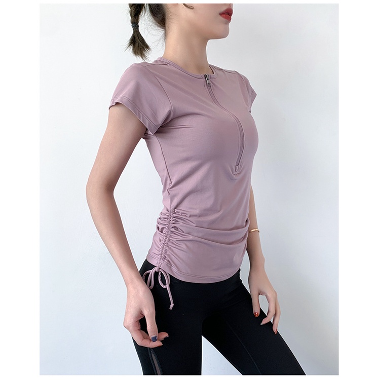 Áo Thun Thể Thao Tay Ngắn Có Khóa Kéo Chất Liệu Co Giãn Khô Thoáng Nhanh Thời Trang Cho Nữ