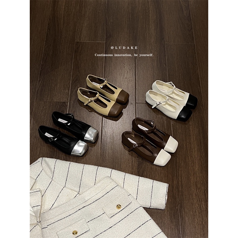 Giày Búp Bê Da Mũi Vuông Phối Màu Xinh Xắn Theo Phong Cách Pháp Dành Cho Nữ