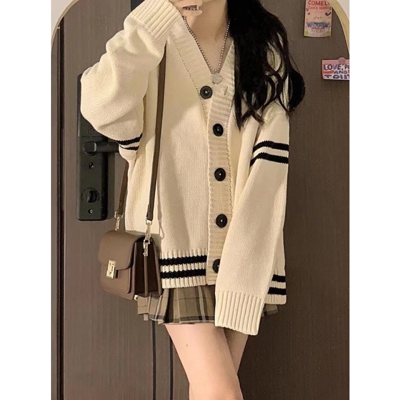 Áo khoác len nữ Cardigan kem phối sọc đen, Áo khoác dáng dài phong cách Hàn Quốc | BigBuy360 - bigbuy360.vn