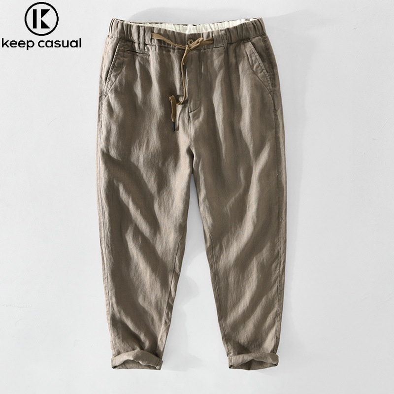 Quần Dài Nam 9 Tấc 100% Vải Lanh Dáng Rộng Có Dây Rút Phong Cách retro