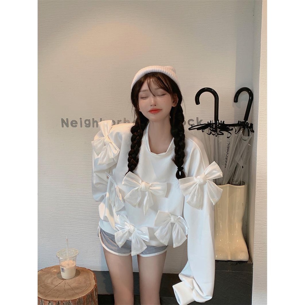 Áo Sweater Dáng Rộng Đính Nơ Xinh Xắn Dễ Phối Đồ Thời Trang