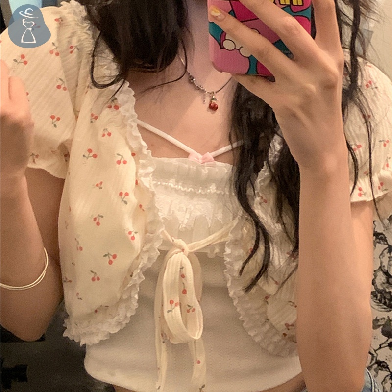 Áo Hai Dây Hở Lưng Phối Ren In Hoa Dễ Thương Ngọt Ngào Thời Trang Đi Biển Mùa Hè Cho Nữ