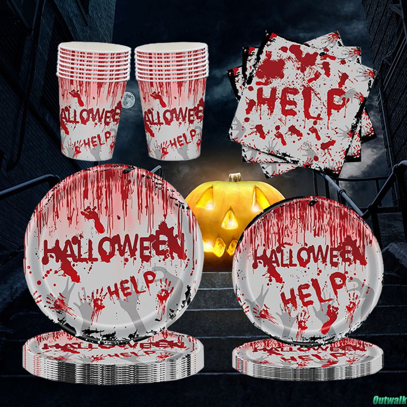 ⚡Còn Hàng⚡ Halloween Khủng Bố Trang Trí Kinh Dị Máu Dấu Tay Đĩa ăn Dùng Một Lần Halloween Căn Phòng Bí Mật Ngôi Nhà   ám Bộ đồ ăn Tiệc Chủ đề Kinh Dị