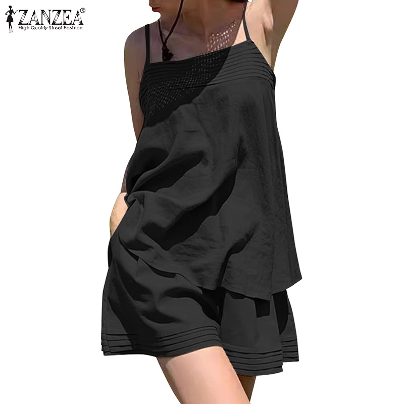 Zanzea Set Áo Thun Sọc Ngang + Quần Yếm Ngắn Thời Trang Nữ