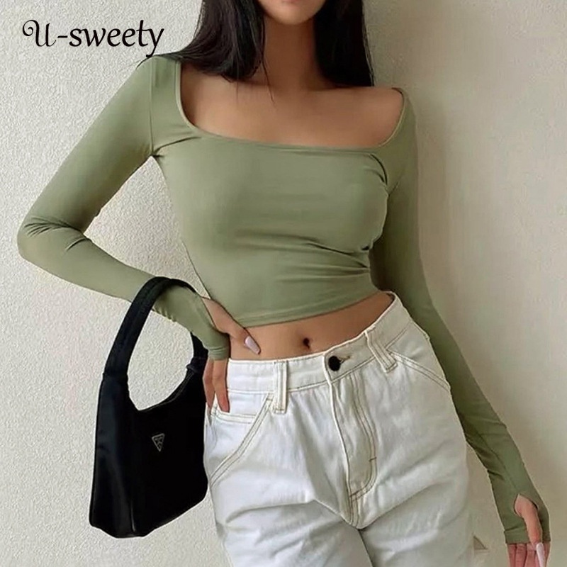 Áo Thun Tay Dài Cổ Vuông Màu Trơn Dáng Ôm Thời Trang 2023 Dành Cho Bạn Nữ